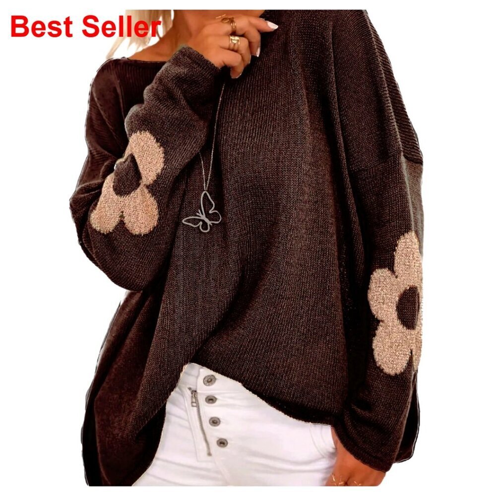 Plus Size Floral Knit Sweater Oversized Pullover Long Sleeve Fall Top